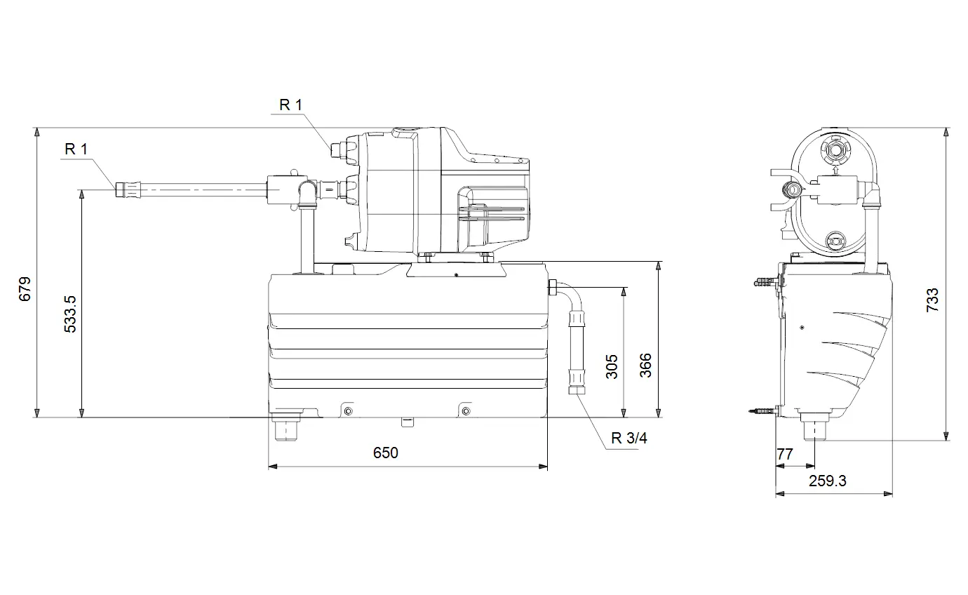 Druckerhöhungsanlage von Grundfos mit einem kompakten Design. Die Abbildung zeigt technische Zeichnungen und Maße der Pumpe aus verschiedenen Blickwinkeln.